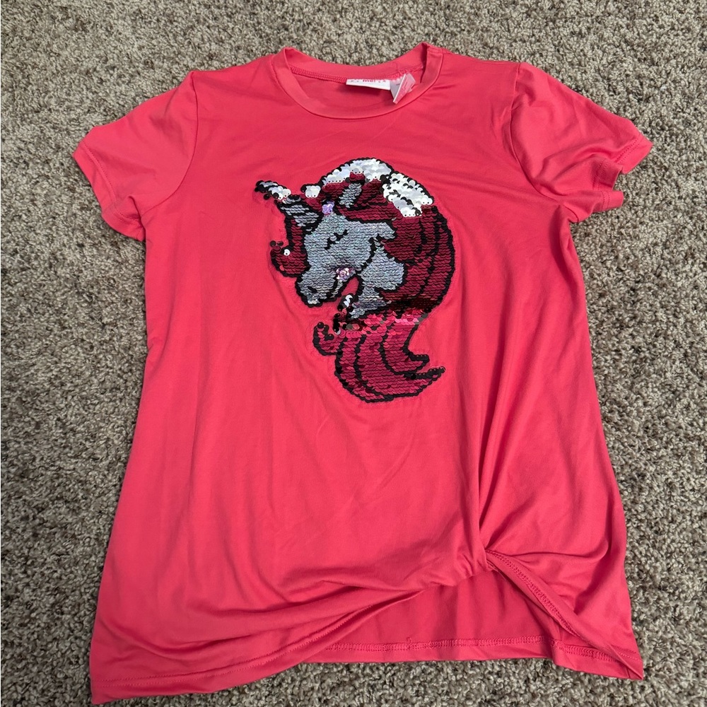 Hot pink sequin unicorn T-Shirt. Fun twist front. Size 14